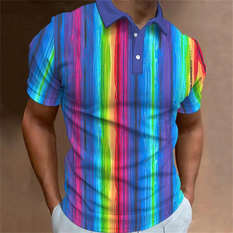 Regenbogen 3d gedruckt Polos hirt für Männer Streifen T-Shirts Sommer lässig Straße Revers Kurzarm Tops lose Polos hirts Mode T-Shirt