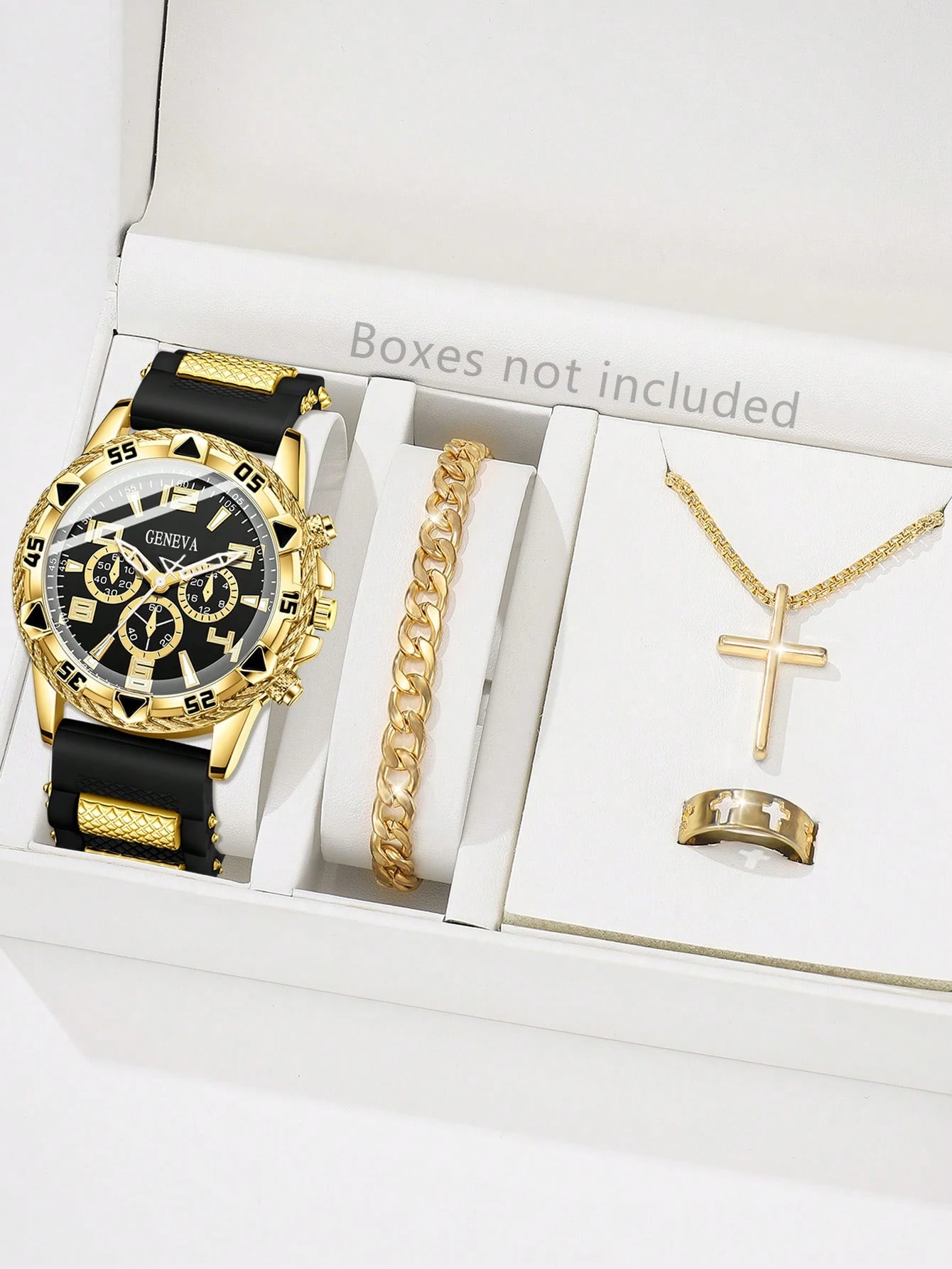 طقم ساعة كوارتز ومجوهرات للرجال مع سوار من السيليكون وقلادة وخاتم وصندوق هدايا للعطلات غير متضمن