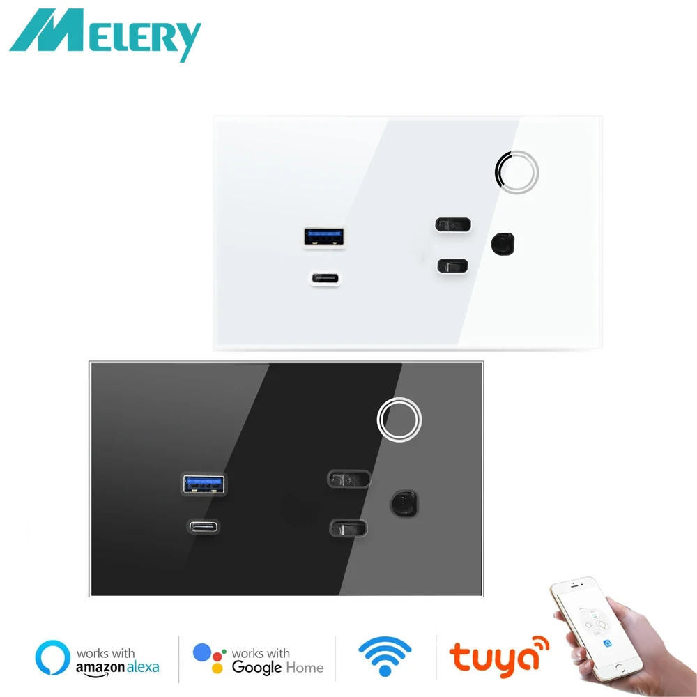 

Melery US Plug Outlet WIFI Tuya Smart Wall Socket 15A USB TYPE-C 30W Power Touch Wireless Remote by Alexa Google Home Kitchen