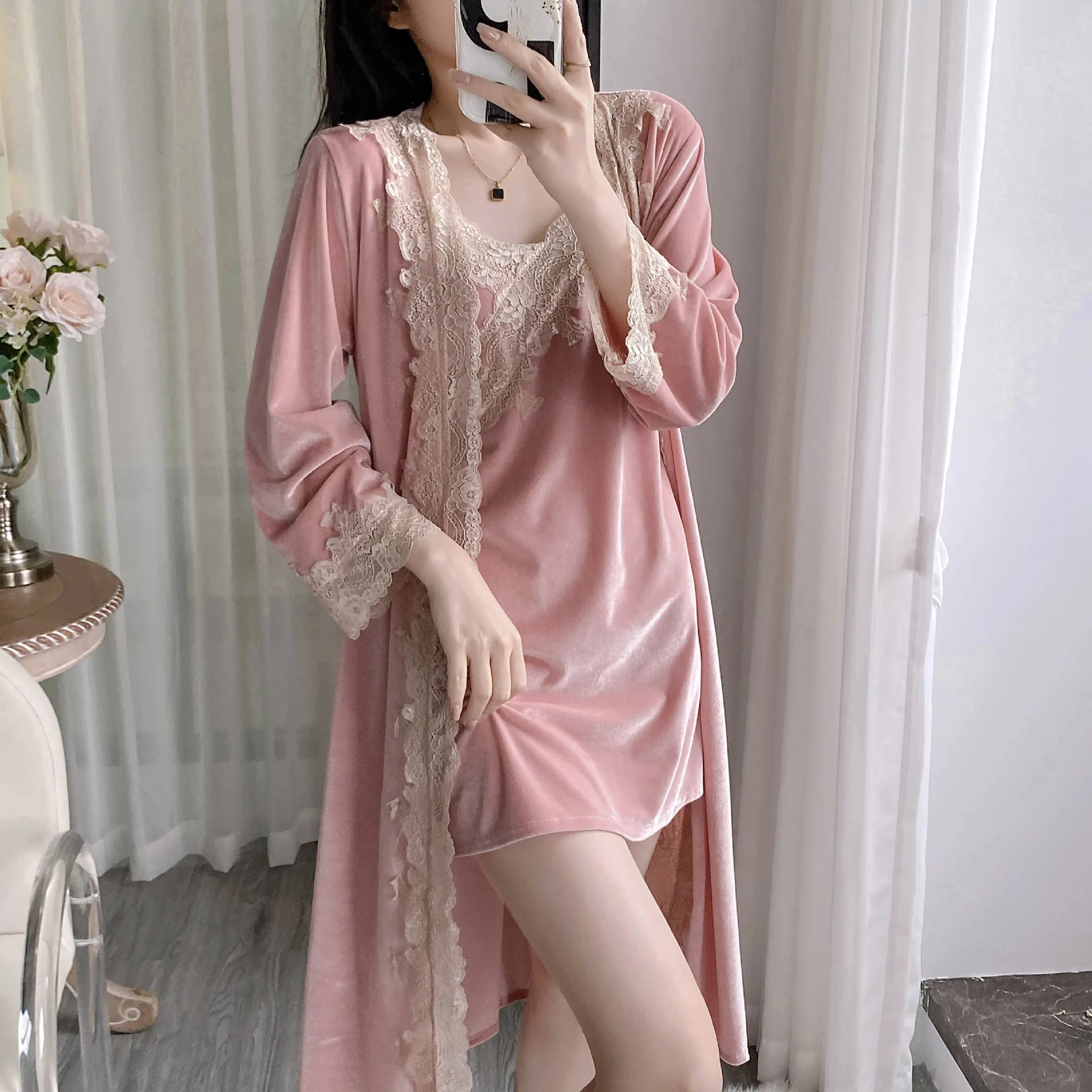 Velour Lace Robe Suit Spring Kimono Sleepwear Nightgown Homewear Women Velvet Nightdress Bathrobe Gown Sleep Set Loungewear