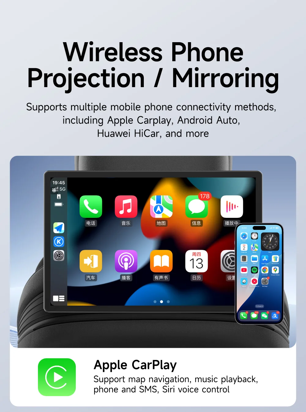 Monitor per poggiatesta per auto da 13 pollici Display Carplay Tablet IPS Android 12 Touch Screen 2K HD per auto Sedile posteriore Video Musica Lettore TV USB