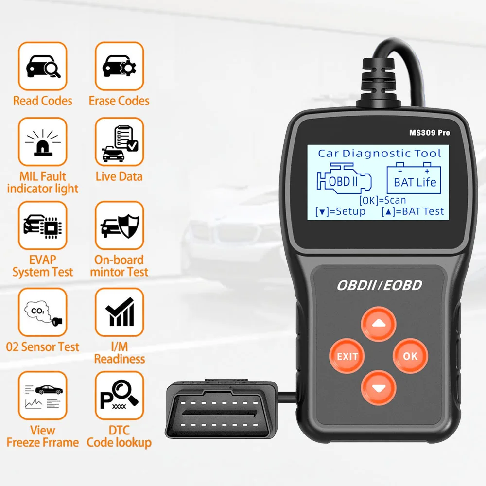 OBD2 Scanner Live Data Code Reader Multi-language Car Diagnostic Tool Check Engine System Battery Tester MS309PRO