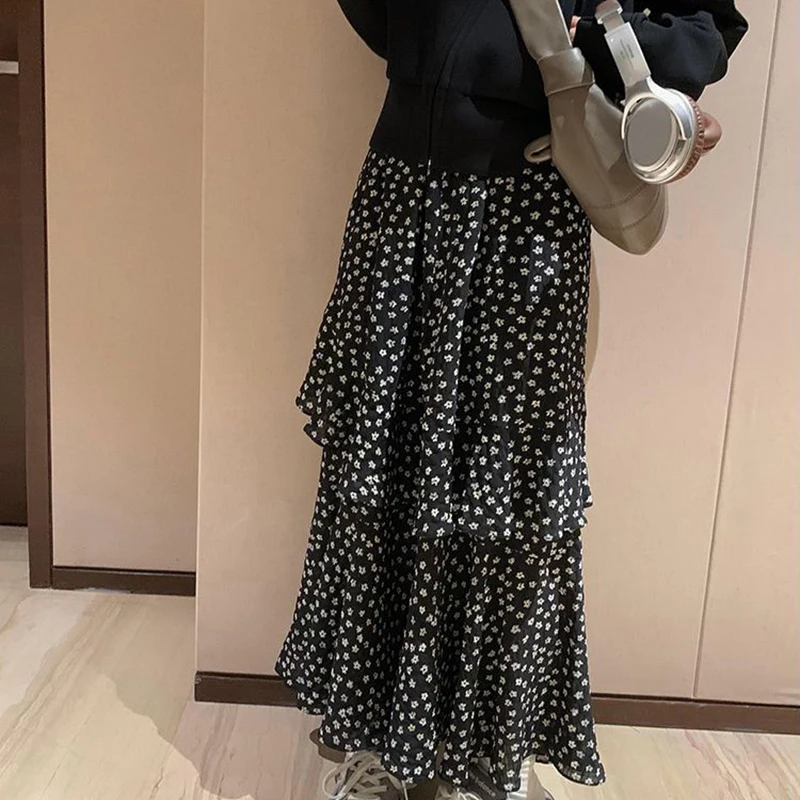 Ruffles Floral Skirt Women Korean Fashion Chic Side Slit Skirt Summer New High Waist All Match Midi A Line Skirt Female Vintage