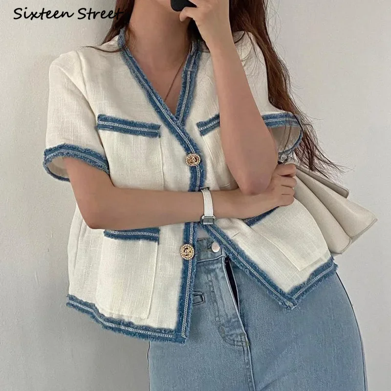 Chic Cropped Jackets Women  Summer V-neck Button Up Vintage Beige Oversized Cardigan Women Coat Business Work Cloths