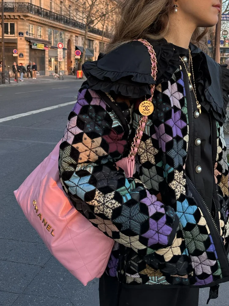 Casaco de algodão colorido com zíper estampado feminino, manga comprida, bolsos acolchoados, streetwear feminino, roupas chiques, moda outono, 2024