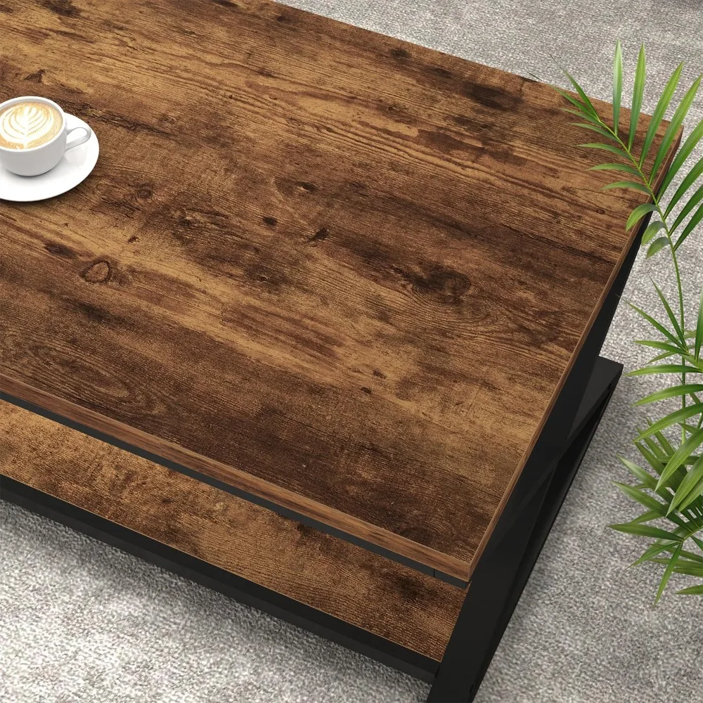 Rustic Farmhouse-Style Wood Coffee Table with Storage, Modern Two-Level Living Room Center Table in Brown