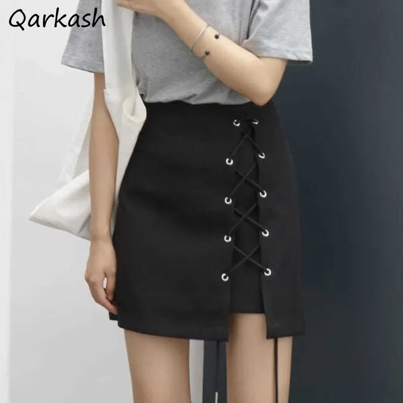 

Personality Skirts Women Lace-up Solid Design High Waist Mini Casual Korean Style Fashion Black All-match Ladies Summer Clothing