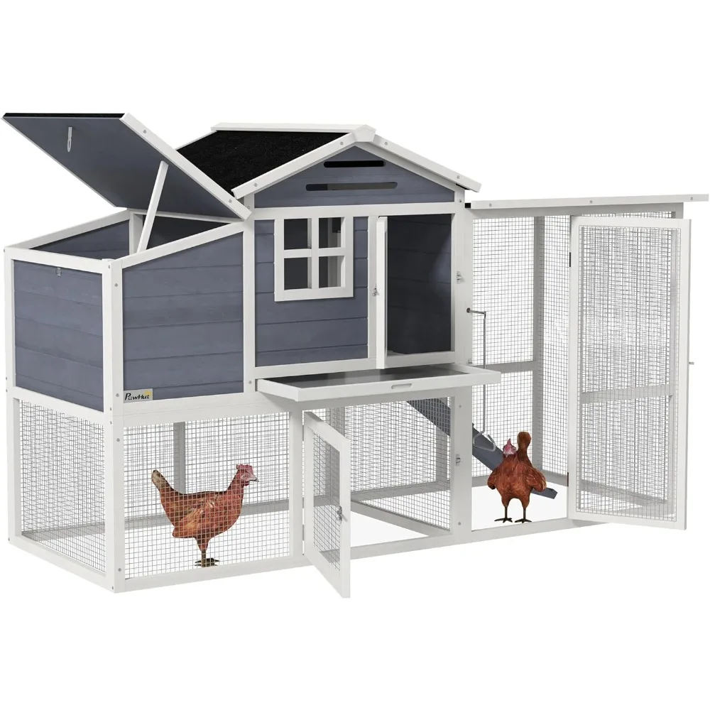 

76" Wooden Chicken Coop, Outdoor Chicken House Poultry Hen Cage with Outdoor Run, Nesting Box, Removable Tray and Lockable Door