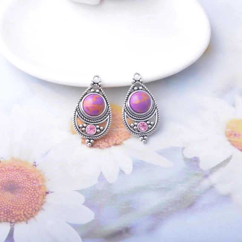 10 Stück Böhmischer Stil Antik Silberfarbene Stein- und Acryl-Anhänger Zinkmetall-Ohrringe Anhänger Zubehör DIY Damenschmuck – Detail 12