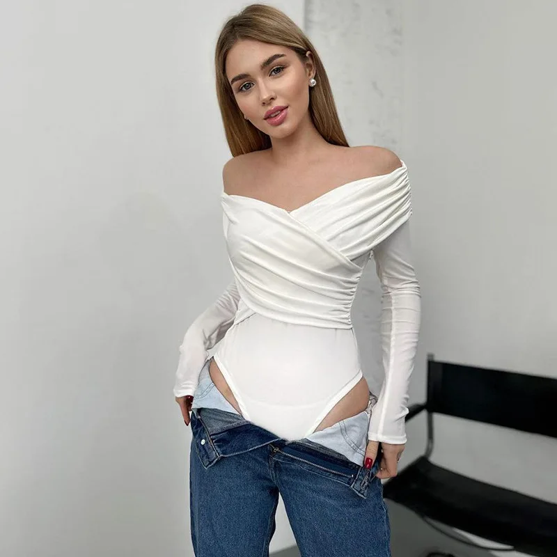 Solid Color Fashionable Off Shoulder Splicing Micro Transparent Long Sleeved Bodysuit Versatile Sexy Spicy Pleated Slim Fit Top