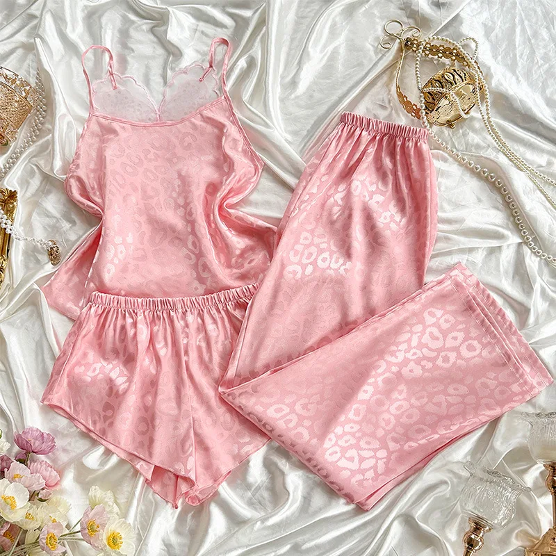 

Сексуальное женское белье, пижамы, комплект из 3 предметов, женская одежда для сна, жаккардовые леопардовые кружевные пижамы с бабочкой, брючный костюм, шелковая атласная домашняя одежда, пижама