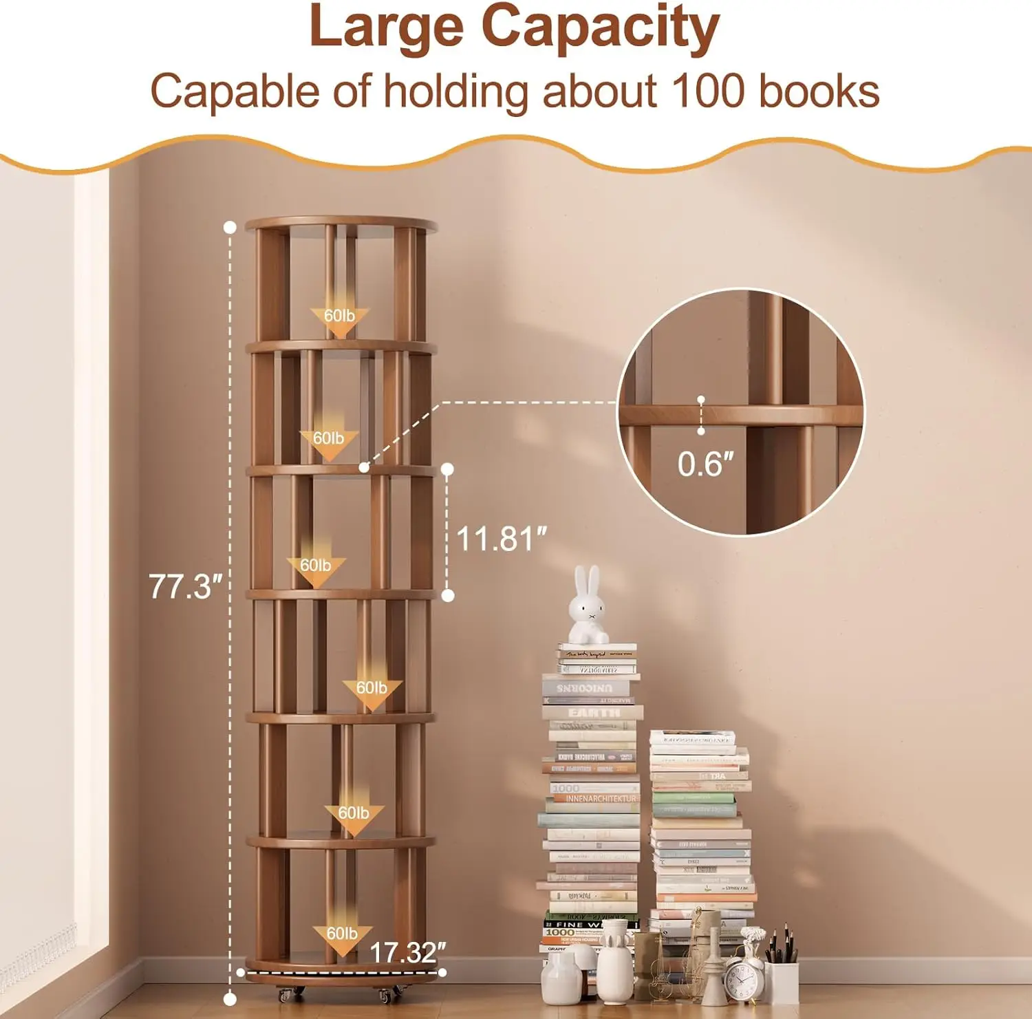 Solid Wood Rotating Bookshelf with Brake Wheels, 360°Display 6 Tier Floor Stackable Spinning Bookshelf Tower ,Corner(Walnut)