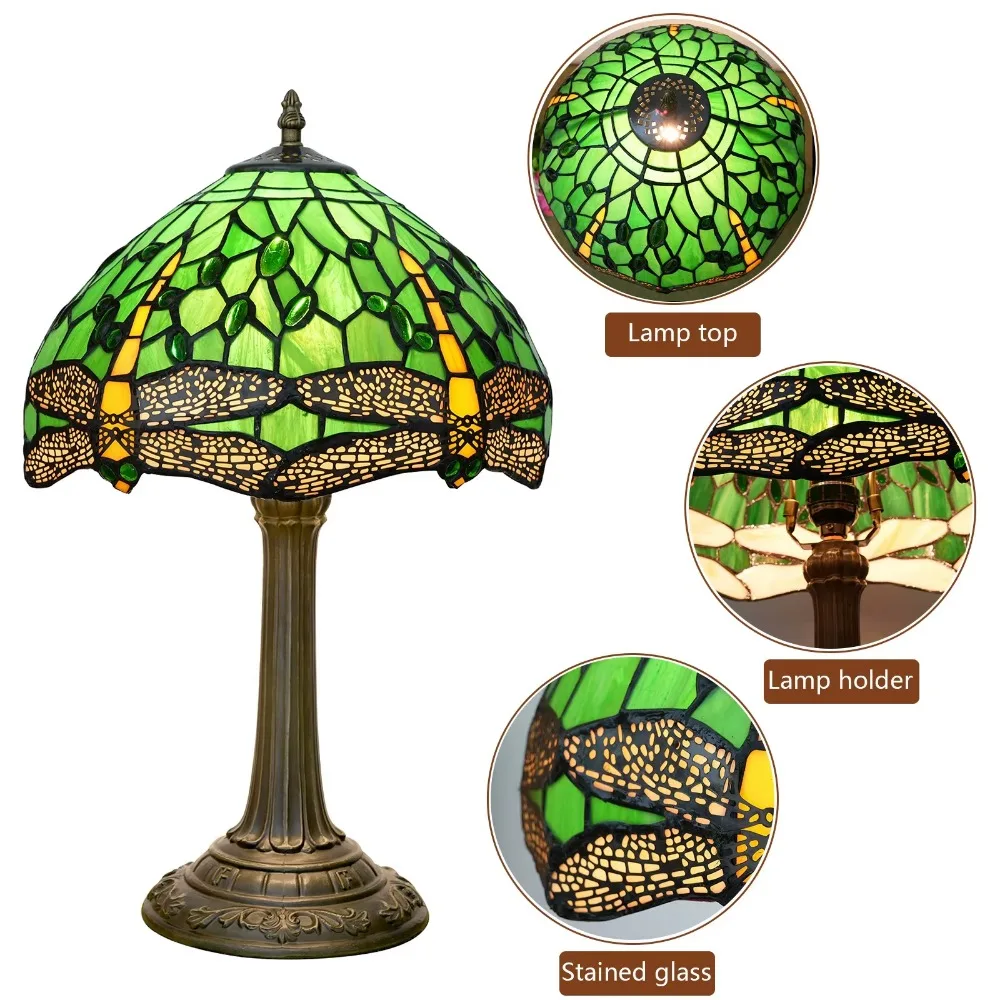 12inch 30cm Tiffany Style Table Lamp Green Dragonfly Lampshade Stained Glass Desk Light Handicraft Arts Alloy Frame Lamp