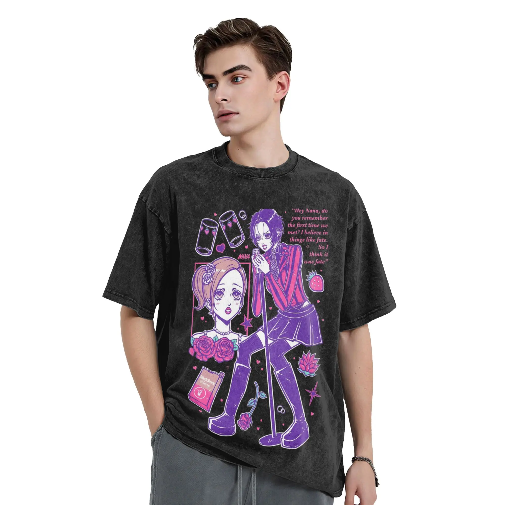 Washed T Shirts Nana Osaki Strawberry friends Hip Hop Cool T-Shirt Harajuku  Streetwear Short Sleeve Summer Tops Tees Men Women