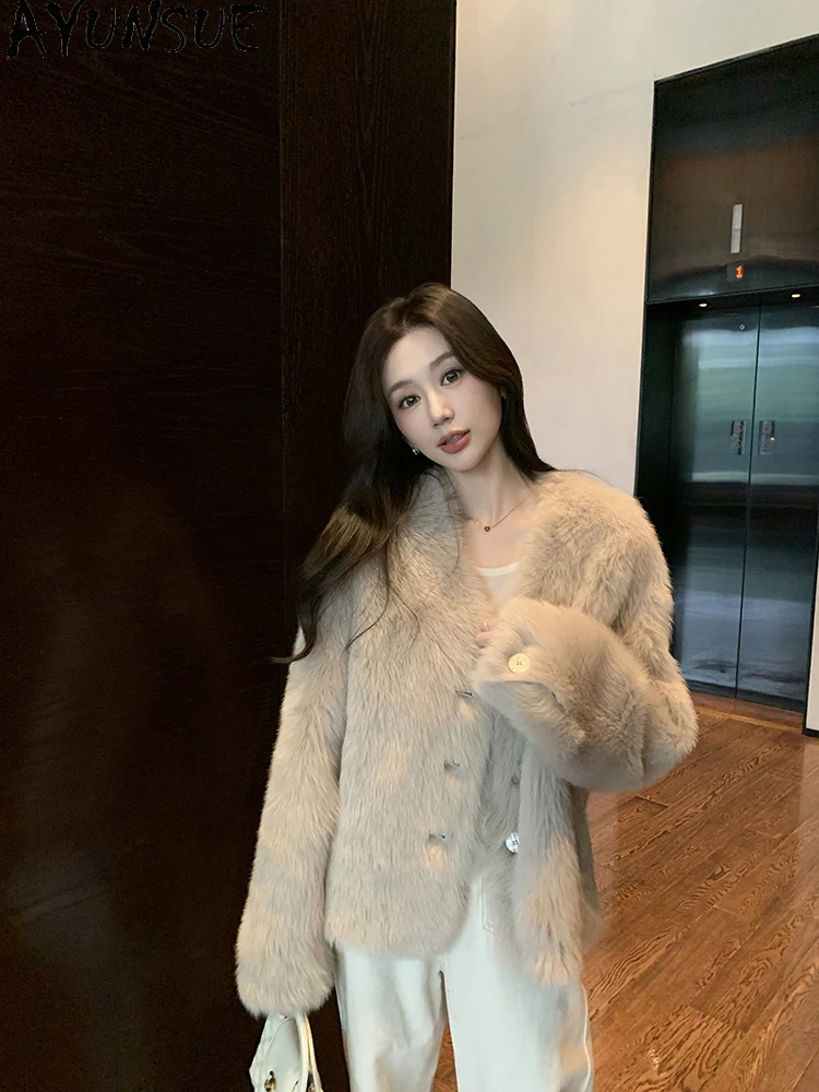 AYUNSUE 2025 جديد شيرلينغ سترة امرأة منتصف طول سترات من الصوف الطبيعي للنساء الملابس الخامس الرقبة الفاخرة الفراء سترة Abrigo Mujer