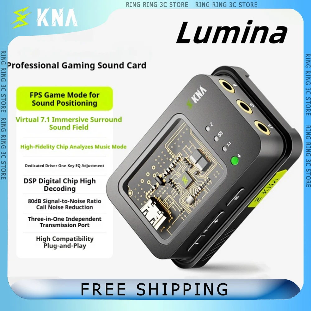 

KNA Lumina Gaming Sound Cards DSP Digital Chip High Decoding 80dB Call Noise Reduction Sound Card Virtual 7.1 FPS USB-A 3.5mm