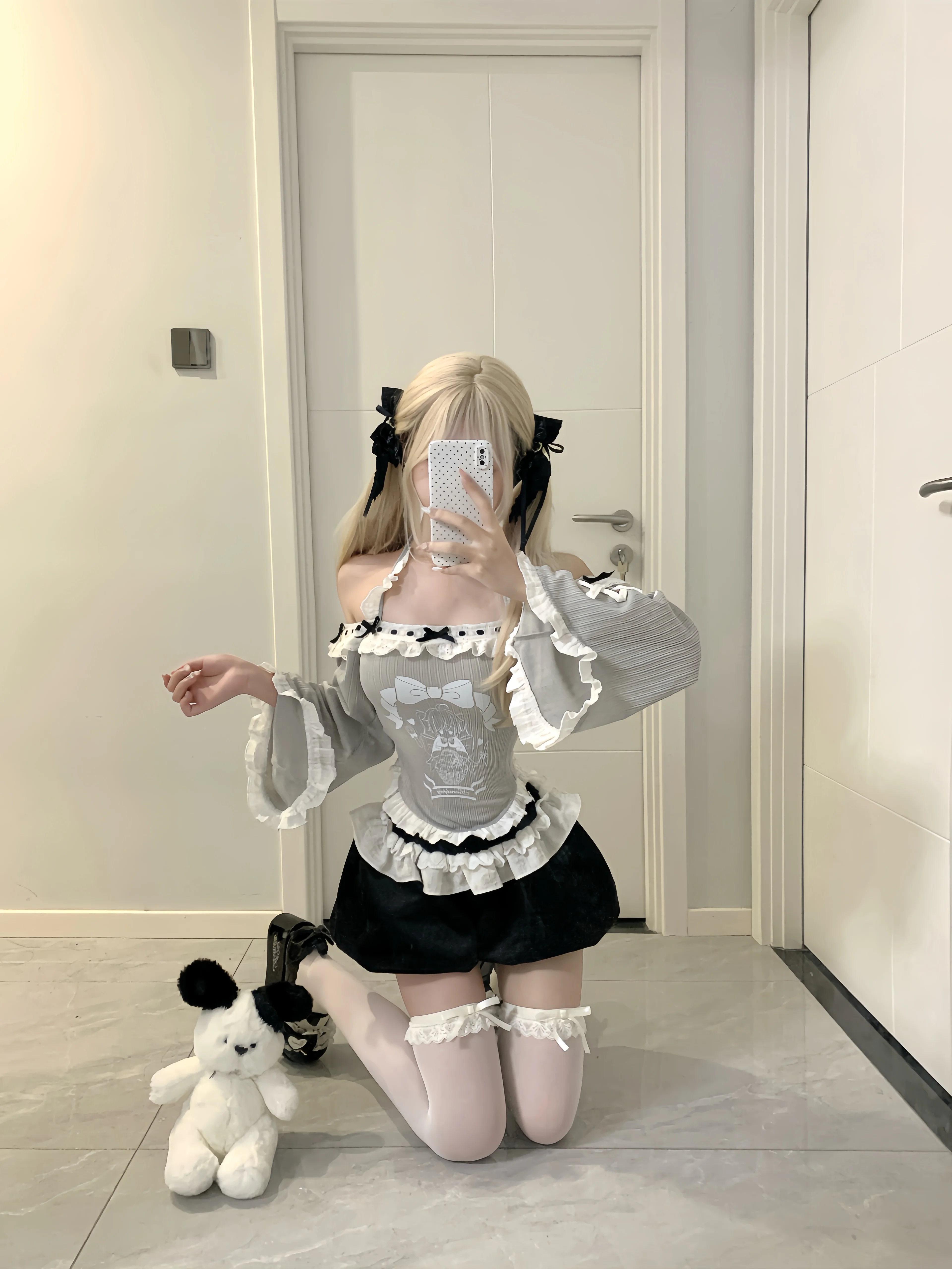 Vintage-Shorts im Lolita-Stil, 2-teiliges Set für Damen, süßer Schleifendruck, schulterfrei, langärmelig, Oberteil, hohe Taille, kurzer Anzug, süßes Y2k-Outfit