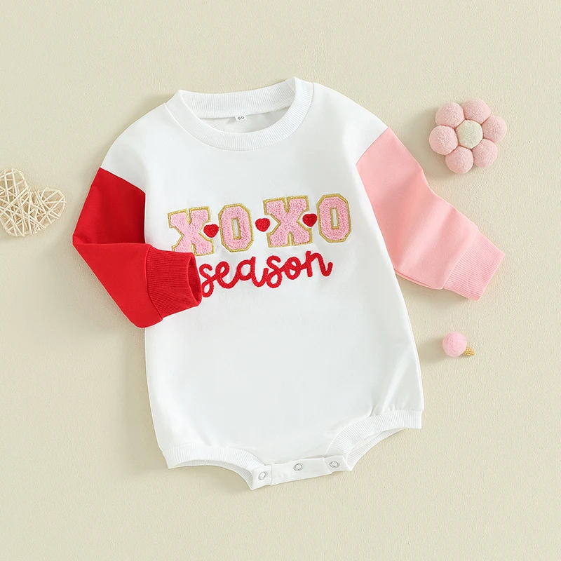 

Cute Toddler Valentine s Day Soft Cotton Heart Print Round Neck Long Sleeve Romper Jumpsuit with Snap Closure