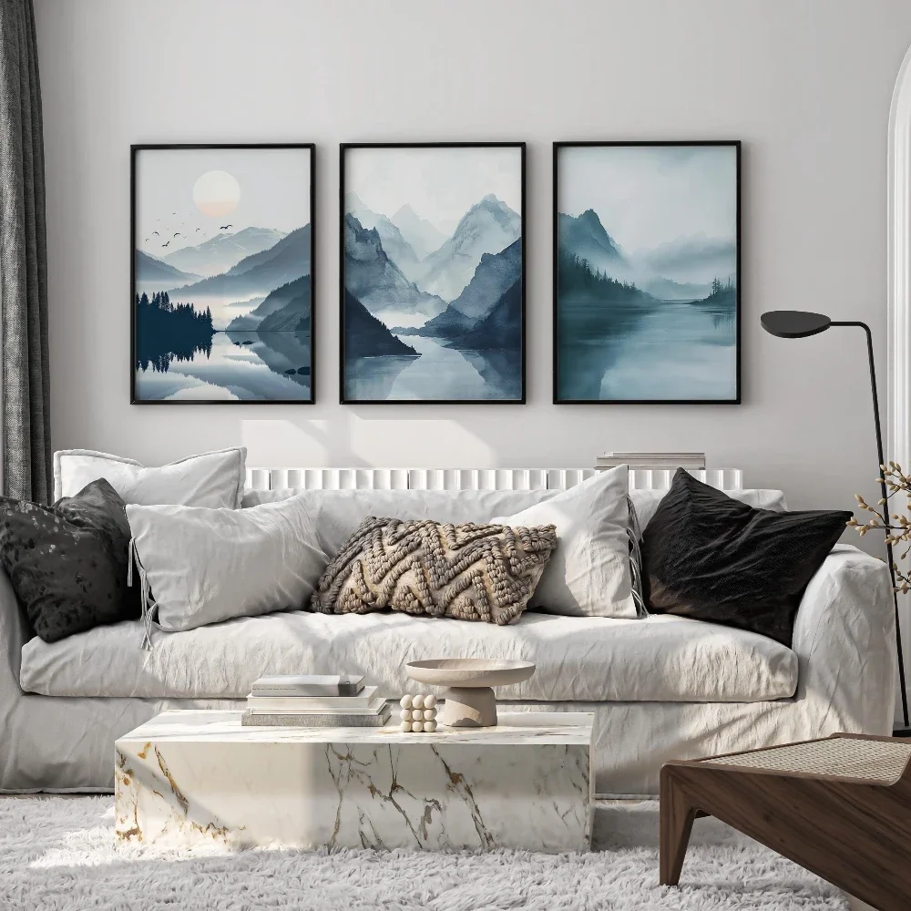 Large-sized frameless 3pcs  Blue Mountains Wall Art Set of 3 Misty Landscape Prints Minimalist Nature Posters Canvas Poster P