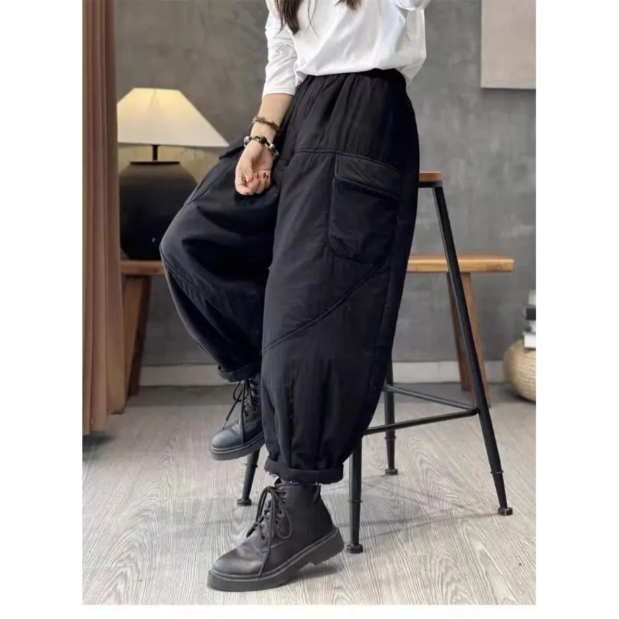 고급 여성용 겨울 면바지 신축성 있는 허리밴드 다용도 레트로 캐주얼 하란 팬츠 루즈핏 따뜻한 바지