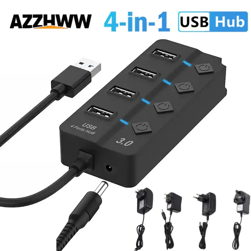 

4-Port USB Hub 3.0 USB Docking Stations Hub Expander With Individual LED On/Off Power Switch and EU/US/AU/UK Plug for PC Laptop