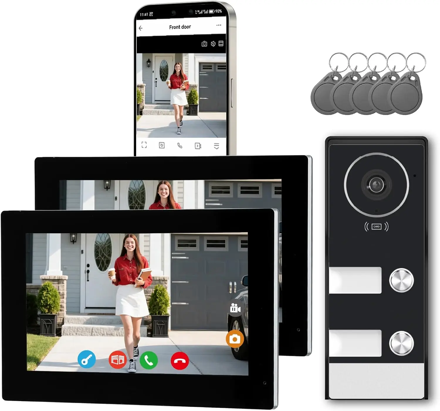

Умный видеодомофон для дома, проводной видеозвонок с двумя 7-дюймовыми сенсорными экранами, управление через приложение, RFID, удаленная разблокировка, двусторонняя аудиосвязь, ночное видение, Wi-Fi
