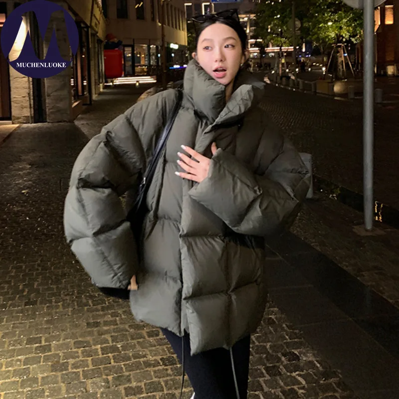 

Women's Winter Jacket New Elegant Long Sleeves Standing Collar Thickened Warmth Coat Korean Fashion Casual Loose Short Parkas