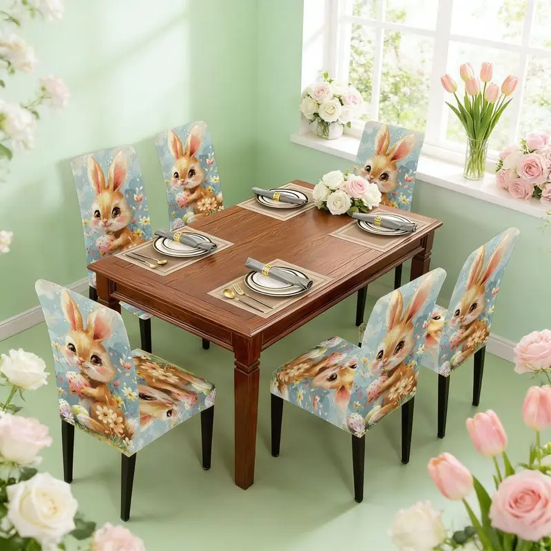 Flat print elastic dining chair cover set Cartoon brown rabbit with colored spot powder egg pattern, easy to install