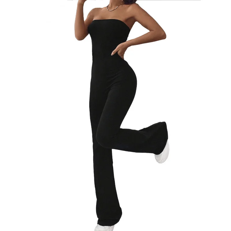 

2025European and American New Women's Fashion off-Shoulder Solid Color Raise Skinny One-Piece Micro-Pull Jumpsuit