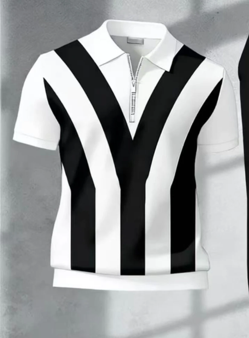 Men's Half Zip Polo Shirt 3D Digital V Shape Stripe Print Short Sleeve Lapel Tops Summer Casual Breathable Street Tees