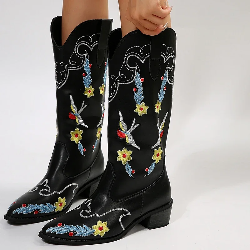 Colorful Embroidery Cowboy Boots for Women Pointed Toe Chunky Heels Women\'s Western Boots Retro PU Leather Knee High Botas Mujer