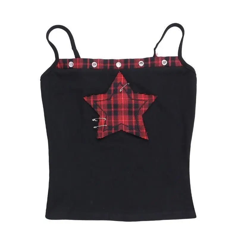 

Vinatge Y2K Dark Punk Red Star Patchwork Crop Top Women Summer Sweet Cool Sleeveless T-shirt Korean Fashion Corset Harajuku Tees