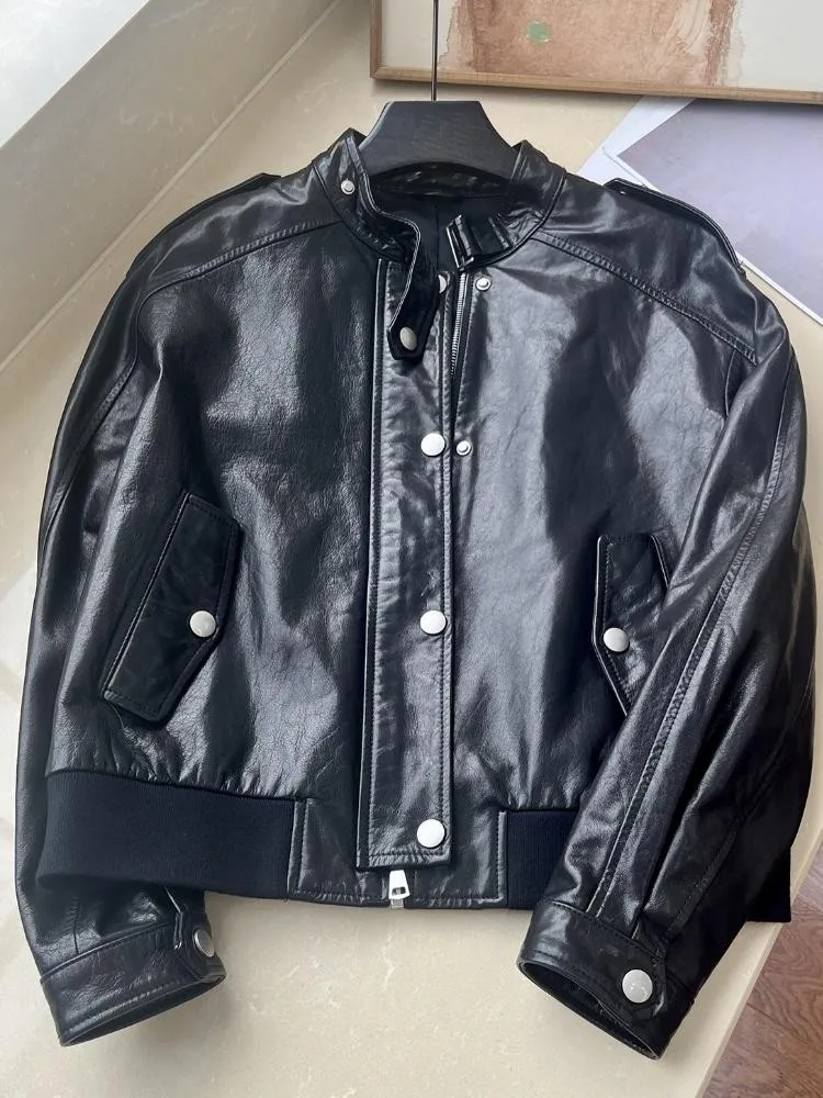 Street Style opstaande kraag echt leer ritsjack effen kleur schapenvacht losse dames lange mouwen single-breasted jassen