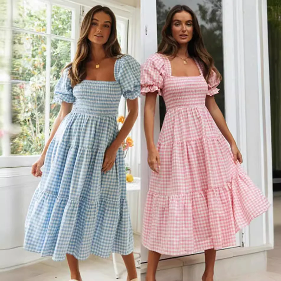 Elegant Women's Long Dresses 2024 Summer Women's Checkered Printed Bubble Sleeve Dress Платье Вечернее Женское Vestidos De Festa