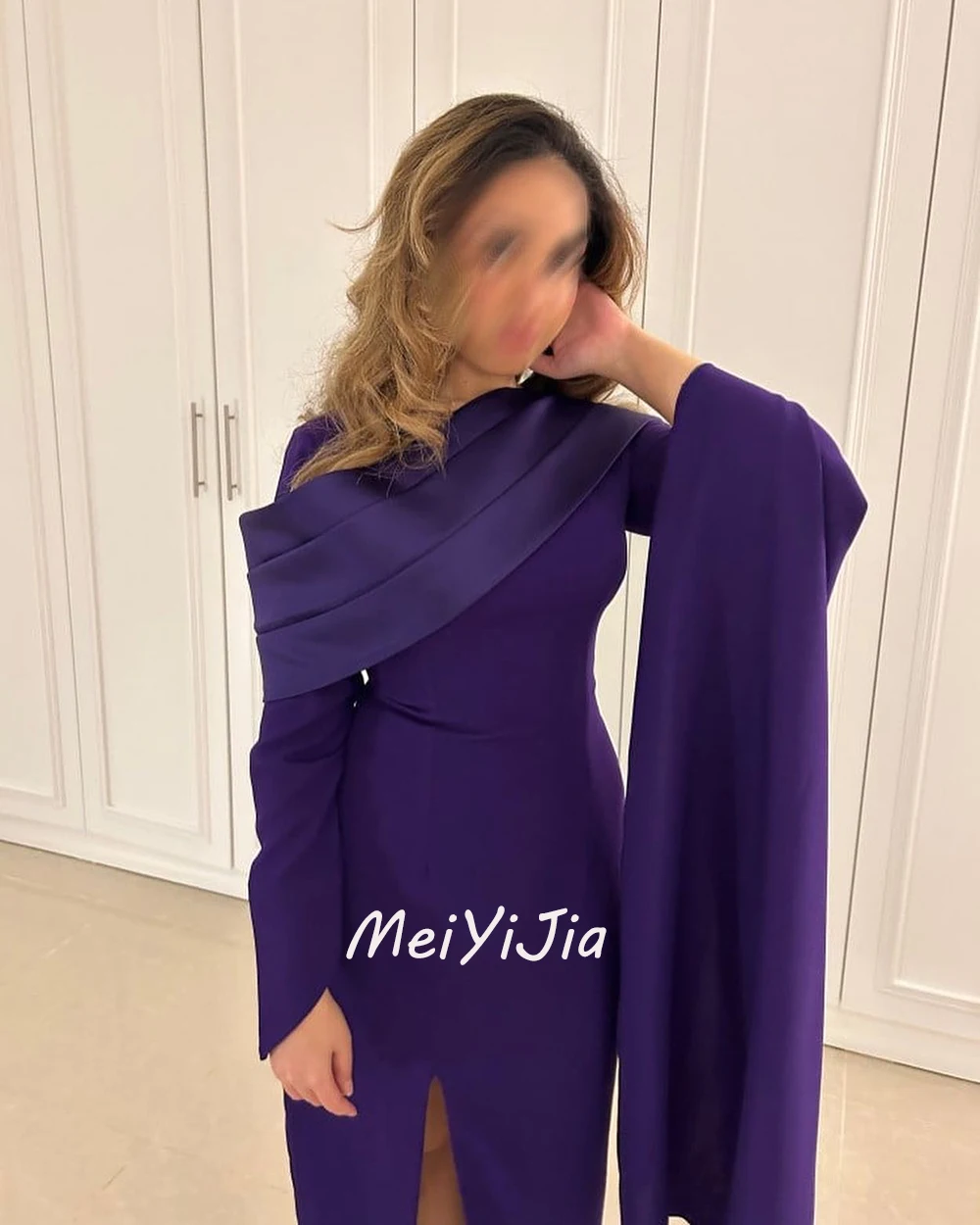 Meiyijia  Evening Dress Long Sleeves Simple Crepe Scoop Neckline Saudi  Arabia  Sexy Evening Birthday Club Outfits Summer 2024