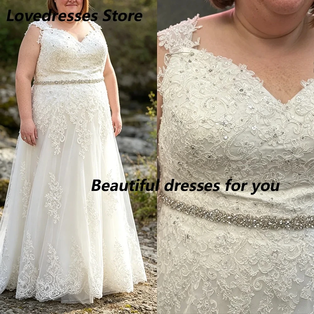 Elegant Plus Size Wedding Dress Customized V-Neck Lace Applique Tulle A Line Long Crystal Belt Wedding Party Dresses Bridal Gown
