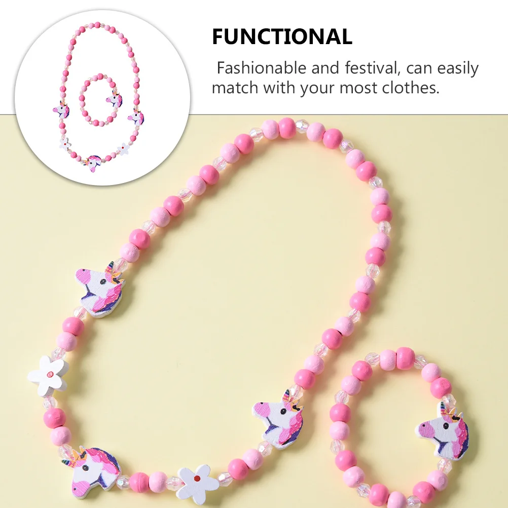 2개/세트 컬러풀 비즈 유니콘 어린이 목걸이 팔찌 세트 나무 플라스틱 펜던트 주얼리 소녀 생일 파티 액세서리 선물
