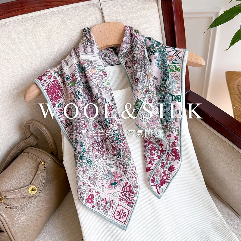Pale Pink Base Vintage Botanical Chart Silk Wool Bandana Double Sided Print All Season Unisex Fashion Neck Head Accessory