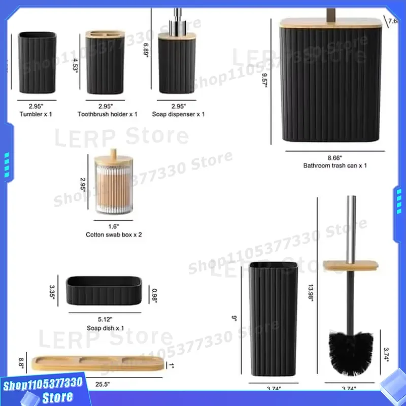 9 Piece Black Bathroom Accessories Set with Toilet Brush Holder Soap Dispenser and Decorative Countertop Trash Can for Home