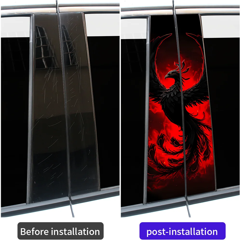 Artistic Black Phoenix Car B Pillar Sticker Red Fire Effect Vinyl Auto Window Middle Pillar Decoration Car Accessories 2Pcs