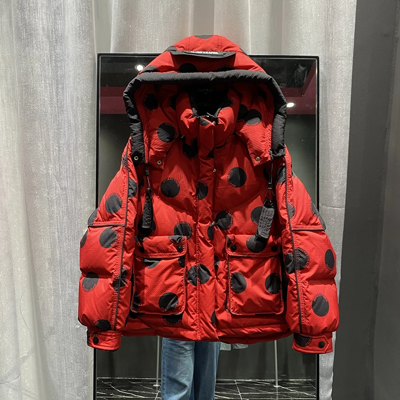 Piumino invernale con cappuccio corto patchwork a pois Piumino femminile spesso caldo Parker Outwears Piumini d'anatra bianchi con tasca grande da donna