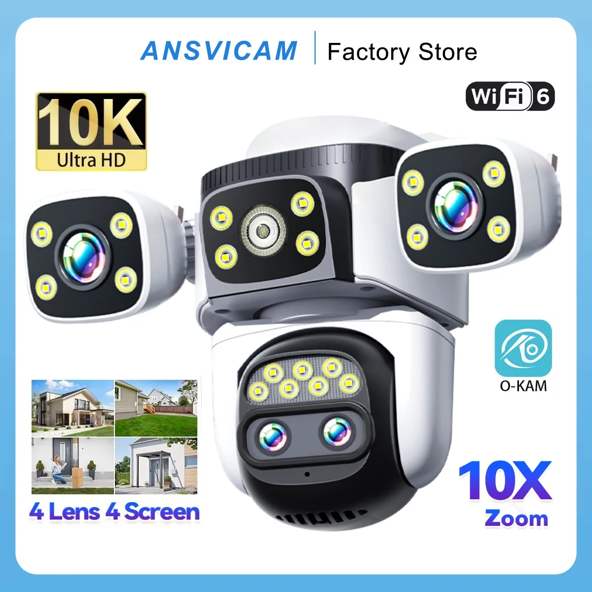 ANSVICAM 20MP 10K WiFi Security Camera 10X Zoom Four Lenses 720° PTZ Auto-Tracking Waterproof for Outdoor CCTV Surveillance Cam