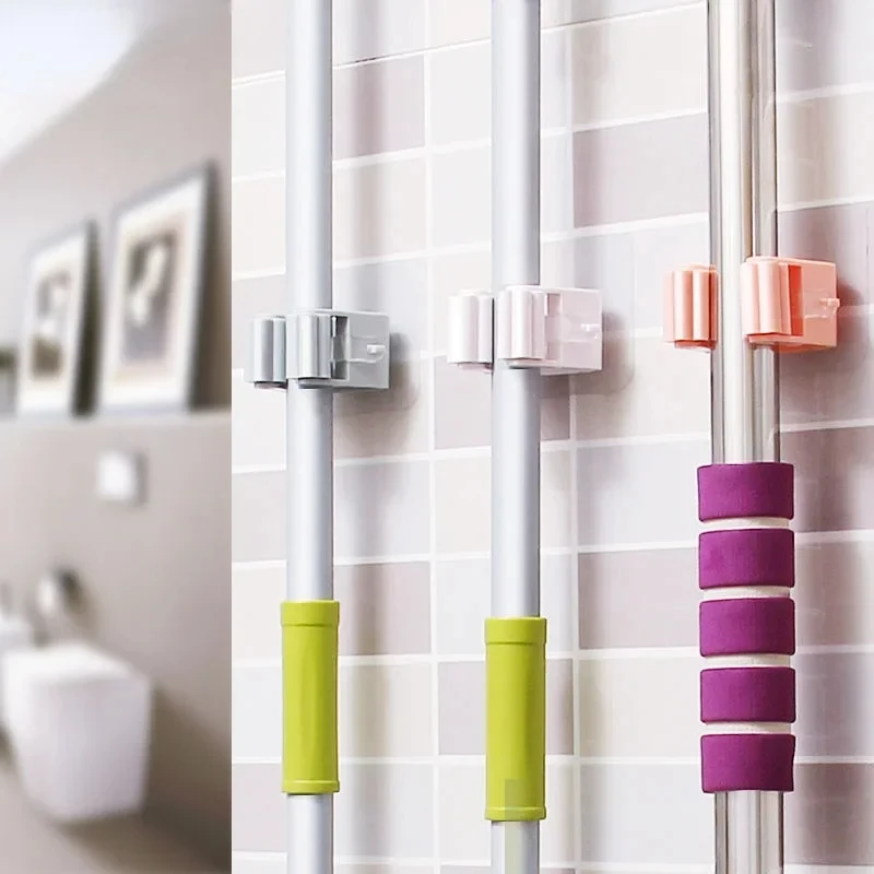 Multi-Purpose Hooks Punch-free Mop Holder Bathroom Shelf Wall-Mounted Mop Broom Hanger Self Adhesive Hooks Bathroom Storage