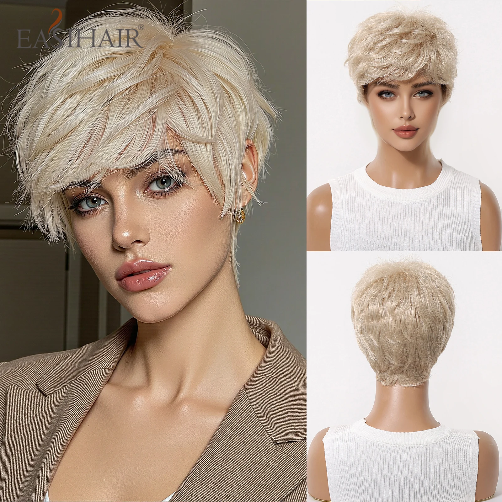 

EASIHAIR Короткие светлые синтетические парики с стрижкой пикси для женщин Блондинка Прямые многослойные парики с челкой Натуральный женский парик из волокна волос
