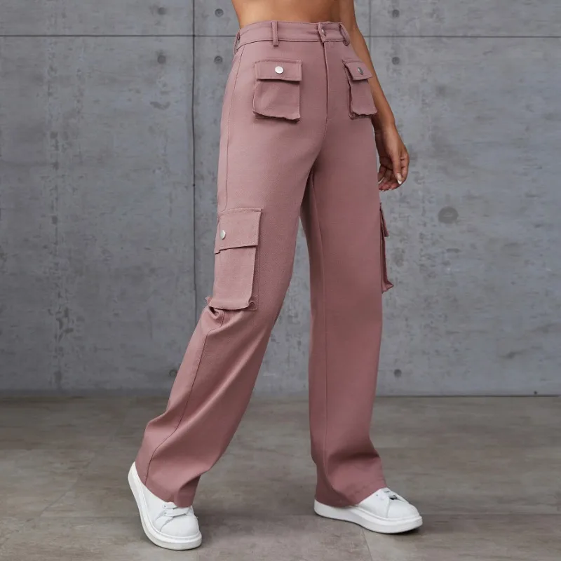 Calça reta solta feminina, cintura alta, bolso múltiplo, simples e confortável, casual, nova