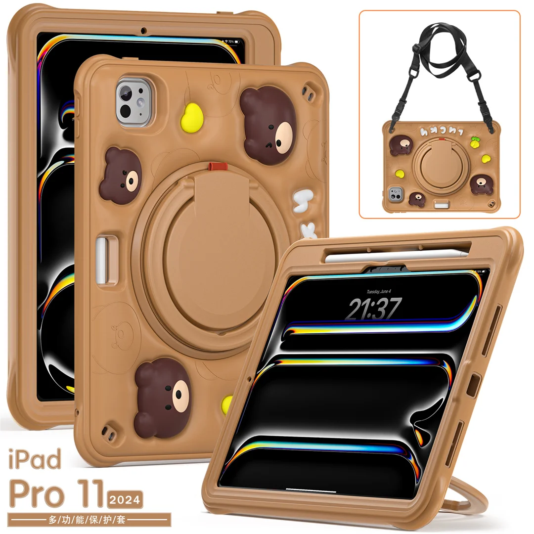 

Cute Little Bear iPad Case for iPad Pro 11 2024 Soft Touch Portable Handle 360 Rotating Stand Shockproof Double Protection