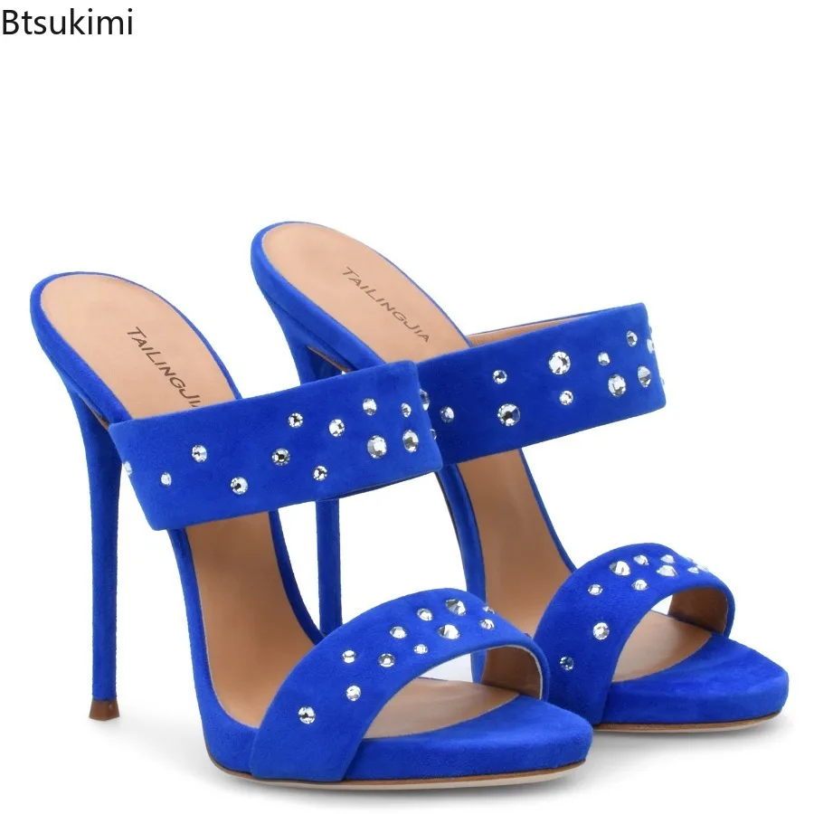 Damen Sommer High Heel Sandalen Offene Zehenpartie Slip-on Strass Stiletto Absatzschuhe Zwei Riemen Blaues Leder Geeignet für Partys