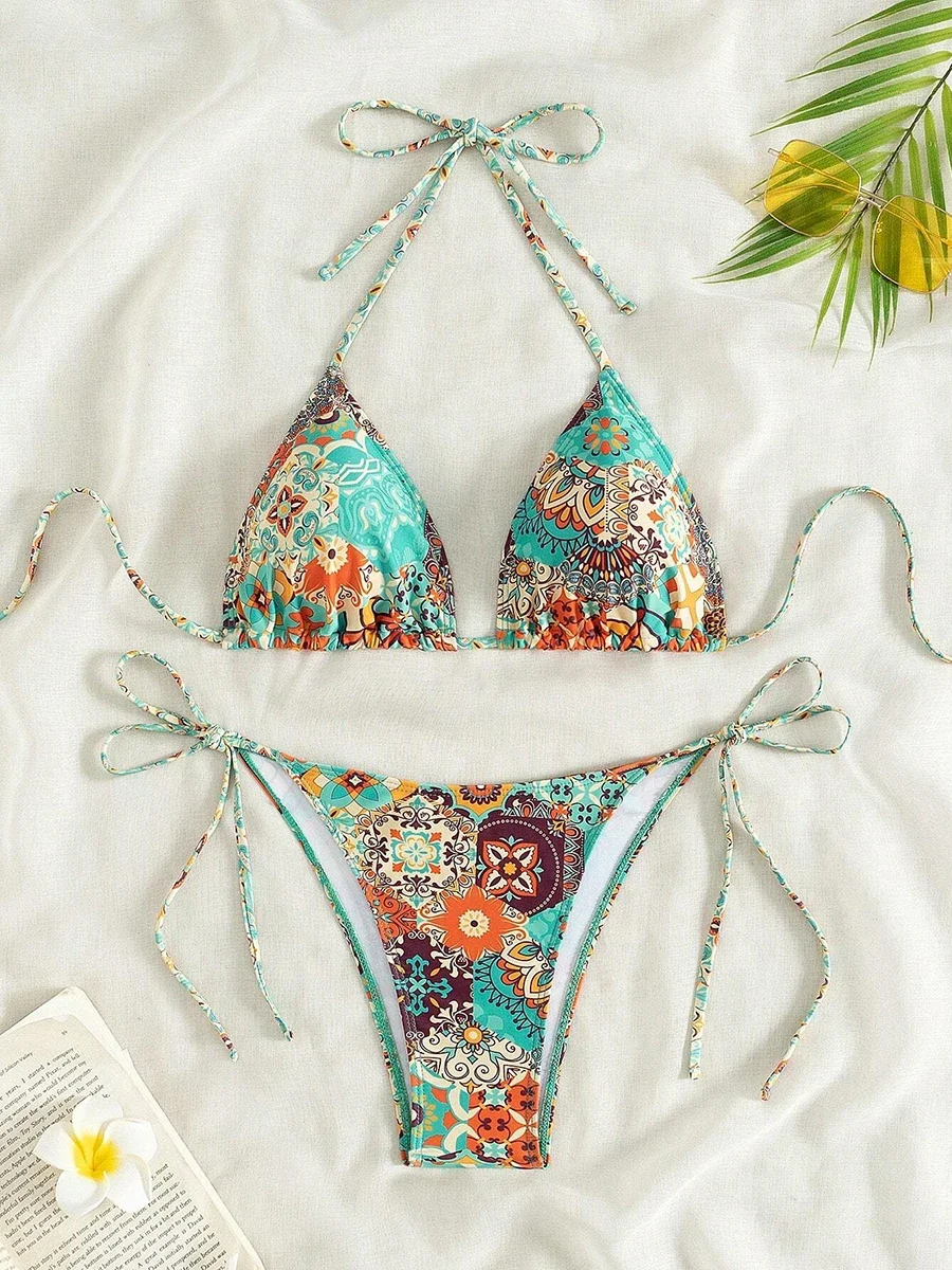 Swimsuit 2025 Female Micro Bikini Women Swimwear Summer Beachwear Women\'s Bathing Suit Floral Print Neck Halter Thong Bikini Set