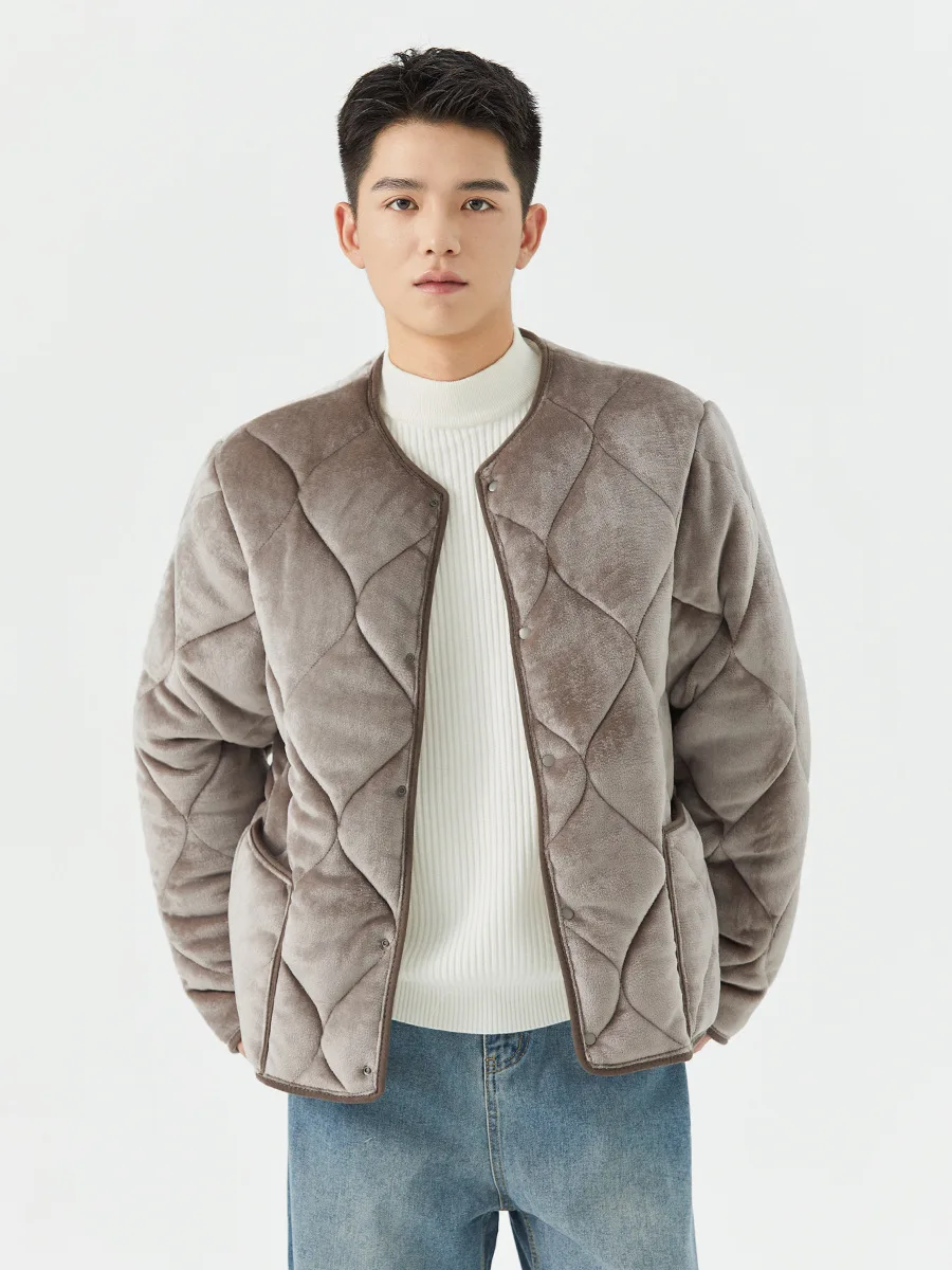 Winter Men's Fleece-Lined Jacket Solid Color Simple Quilted Thick Velvet Coat American Casual Fashion Male Cotton Jackets