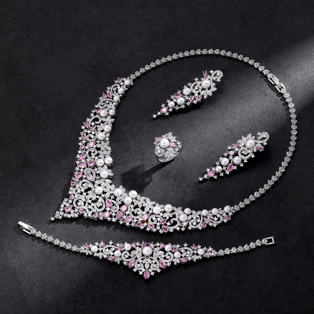 Women Elegant 4Pcs Bridal Jewelry Set Paved Cubic Zirconia Imitation Pearl Necklace Earrings Bracelet For Wedding Christmas Gift